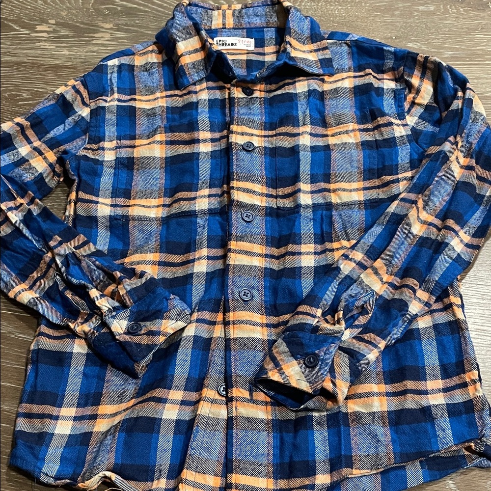 Plaid Shirt Button down Epic Threads Macys Blue Orange size 7/8 Kid